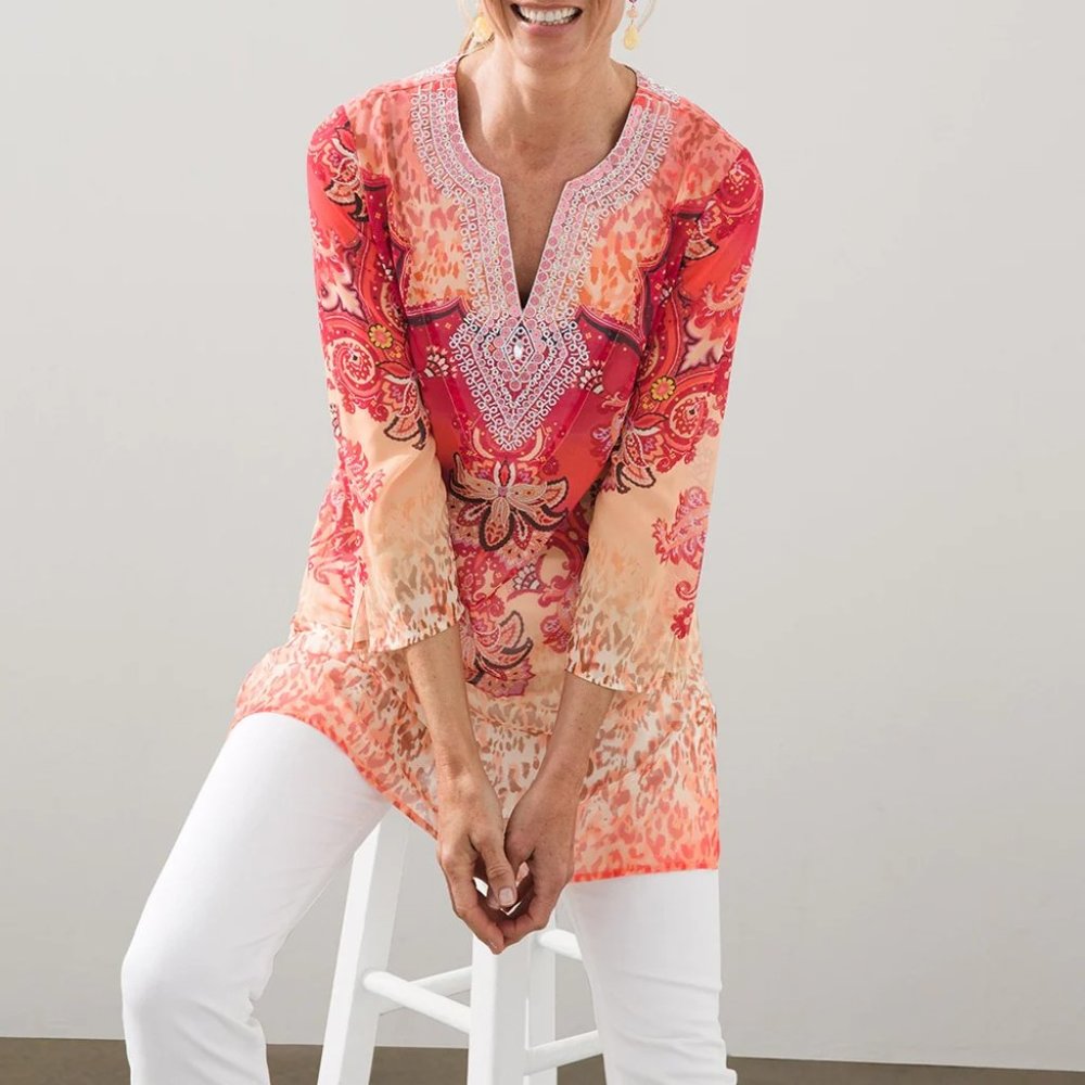 Chico's Embellished Neckline Tunic Top